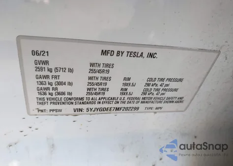 2021 Tesla Model Y Long Range Dual Motor All-Wheel Drive from USA, damaged, VIN 5YJYGDEE7MF202299